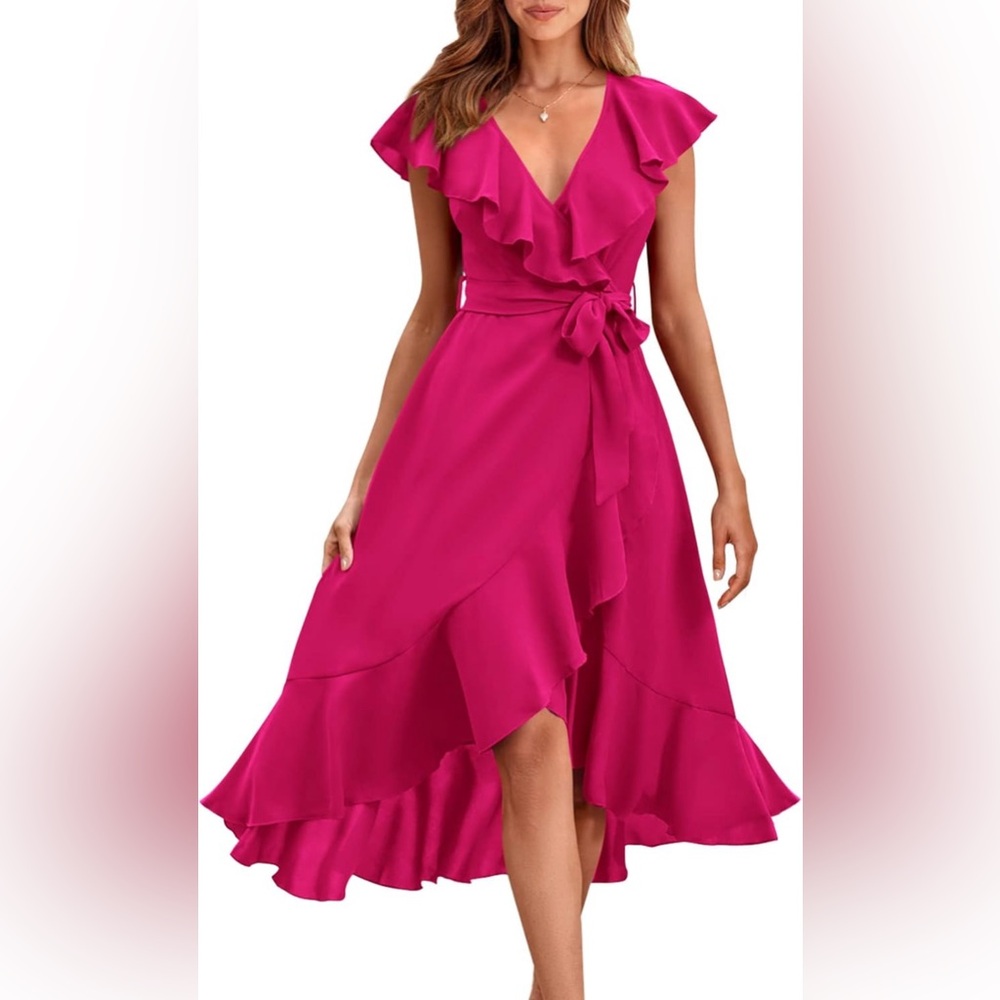 Wrap Midi Dress Casual Boho Deep V Neck Short Sleeve Ruffle Hem Split